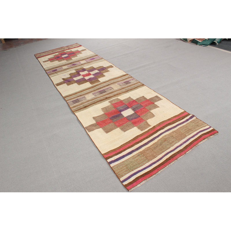 Handmade Beige Turkish Runner Kilim Rug Ideal for Kitchen and Hallway Decor