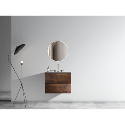 Meuble-lavabo mural 24 po en noyer - évier en céramique, option de rangement silencieux avec rangement spacieux, look moderne