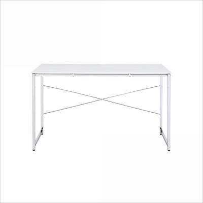 Bureaux | Bureau d'écriture blanc Tennos avec cadre en métal chromé Barre transversale en forme de X | Blanc | Métal, bois synthétique