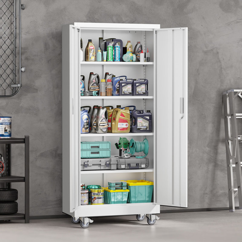 Tool Storage Cabinet White Steel Small With Wheels No Corner Guard, White