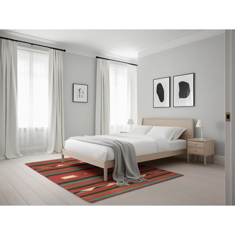 Tapis contemporain rouge / noir / vert, Rectangle 5 pi x 7 pi