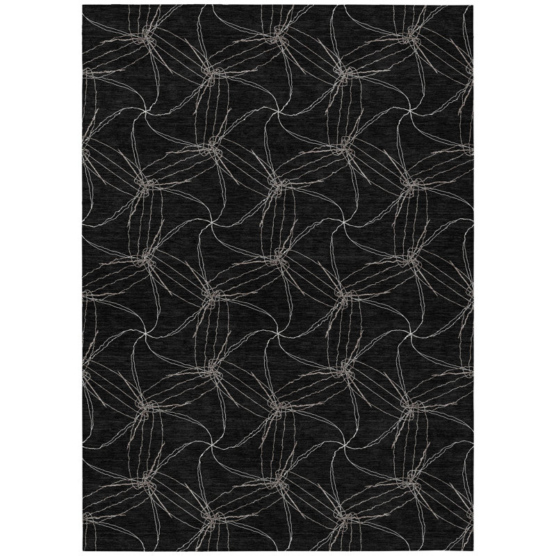 Tapis intérieur / extérieur géométrique lavable noir et ivoire 5 pi x 8 pi