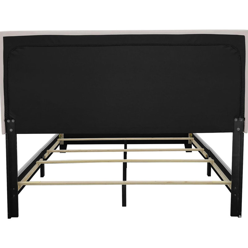 Lit double avec revêtement - structure en bois stable et garniture cloutée de style moderne, Lit double, Ivoire ivoire