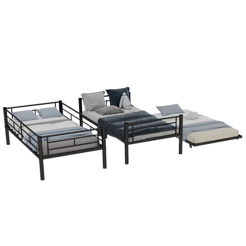 Triple Bunk Bed With Pull-out Bed, 3-person Metal Frame, Space-saving 90x190cm Mattress, For Dormitory Or Shared Room, Black