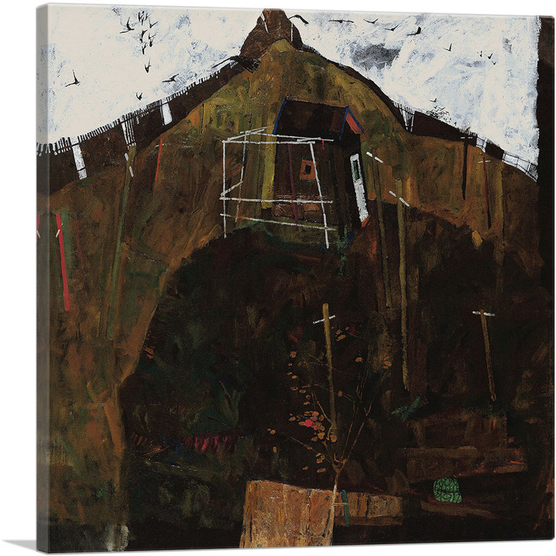 «Landscape with Ravens» par Egon Schiele - reproduction d'art sur toile tendue, H 18 po x l 18 po x 1,5 po