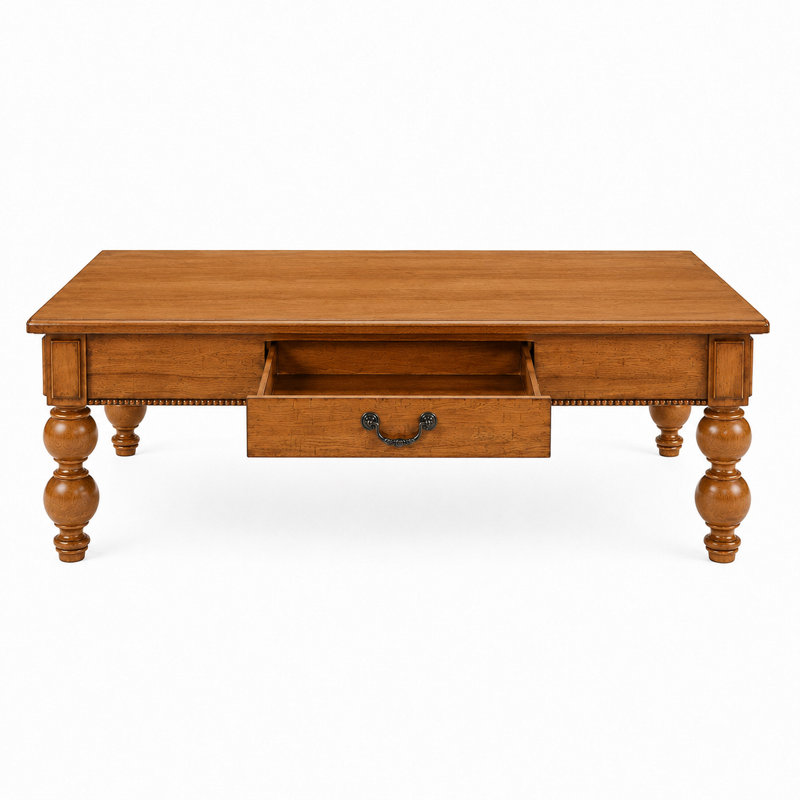 Table basse Vintage Farmhouse avec tiroir de rangement et pieds tournés en bois massif pour le salon, Naturel