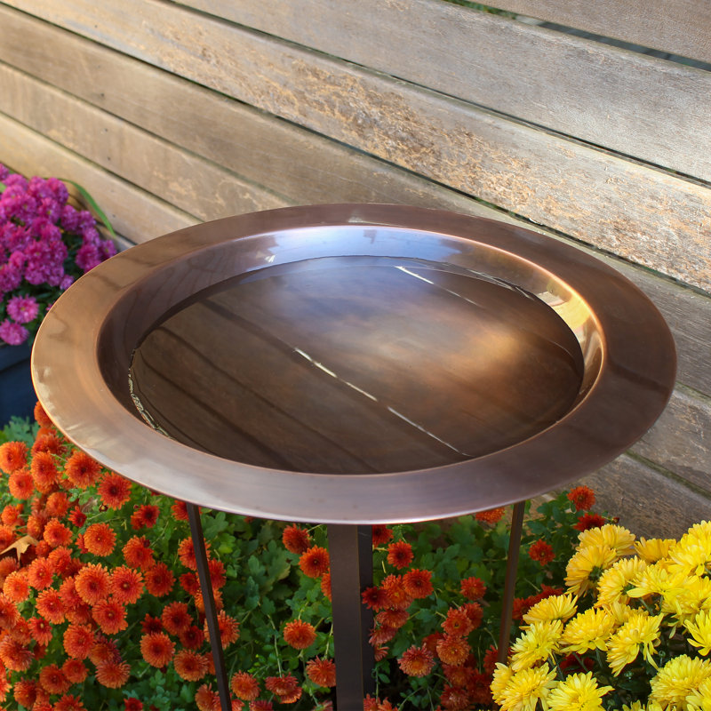 18" Antique Copper Birdbath with Roman Bronze Wrought Iron Stand