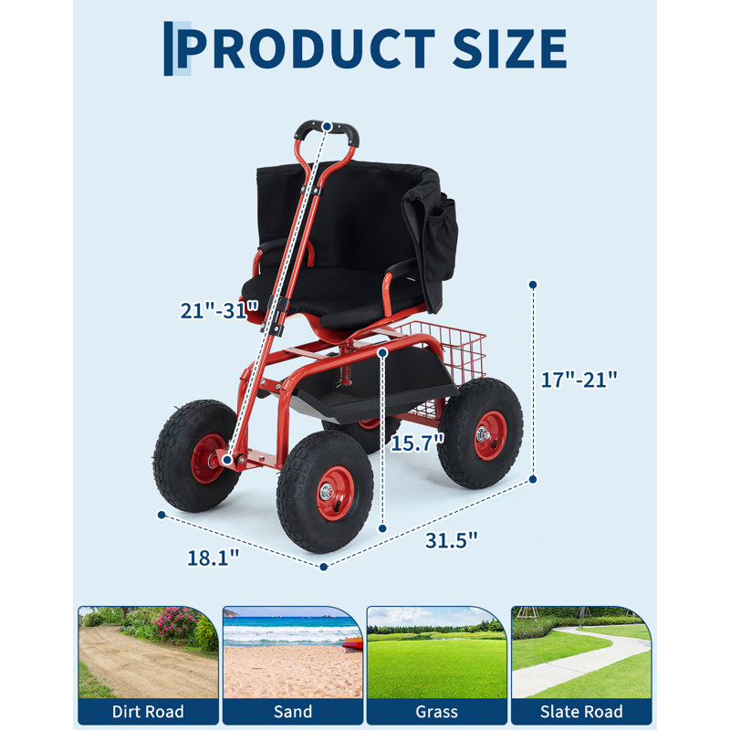 Siège de jardin roulant, tabouret de travail robuste, roues de 10 po, pivotant, réglable, avec plateau à outils, rouge, Rouge