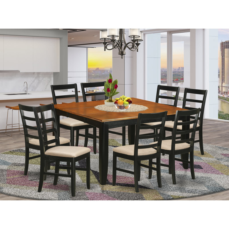 9 Piece Dining Set Includes a Square Dining Room Table with Butterfly Leaf and 8 Linen Fabric Kitchen Chairs, Black & Cherry