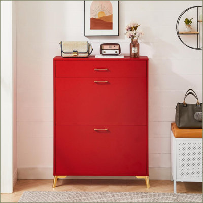 Shoe Storage Cabinet with 2 Flip Drawers &amp; Metal Legs, 32"W x 10"D x 43"H Crimson Red | Traditional | Entryway