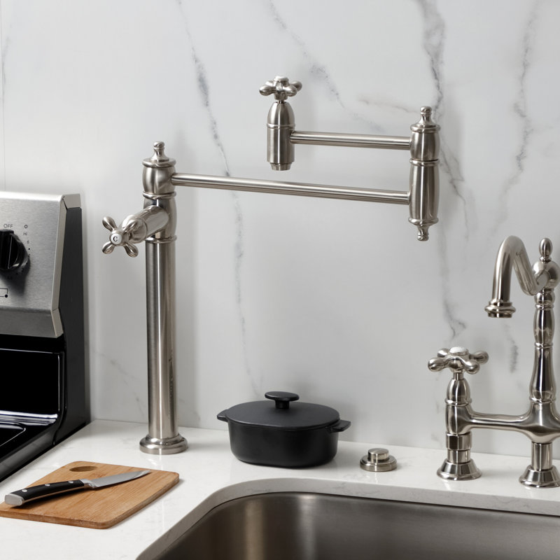 Kingston Brass Restoration Two-Handle 1-Hole Deck Mount Pot Filler Faucet, Brushed Nickel