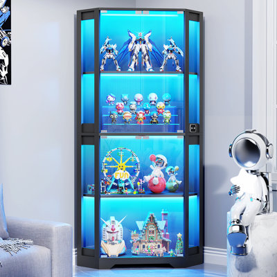 Corner Display Cabinet with Glass Doors, 65" Lighted Curio Display Case with 3 Color Lights for Collectibles, 4-Tier Bookcase with Human Body Sensor for Living Room