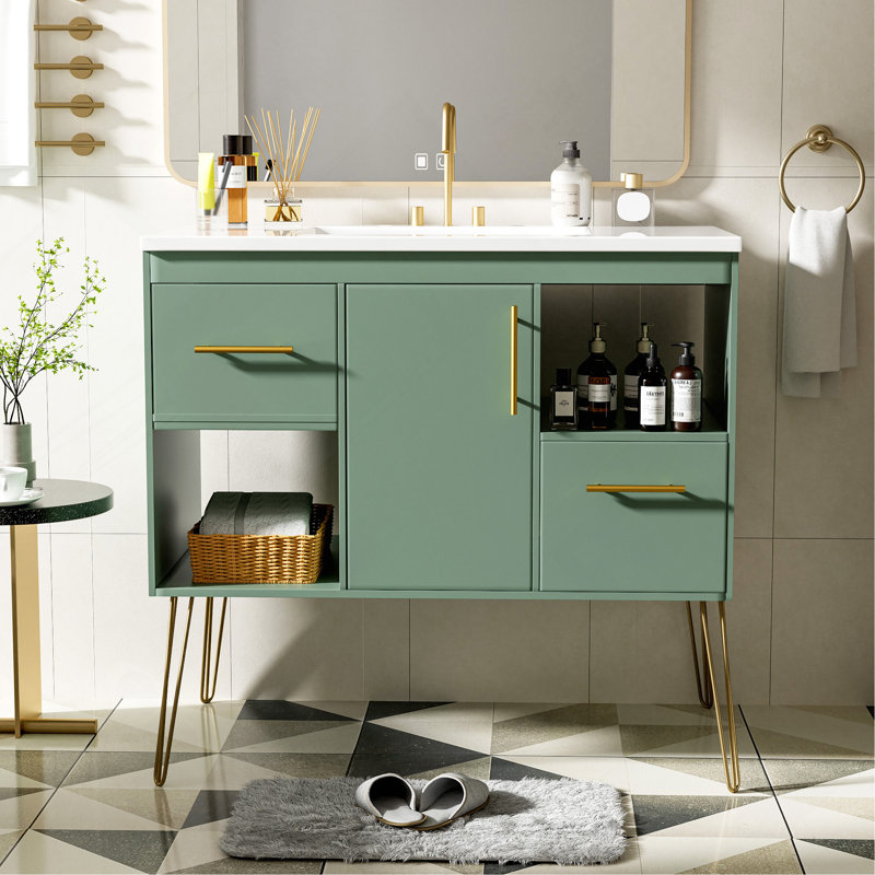 Ensemble de meuble-lavabo 36 po avec lavabo en résine, armoire de salle de bain simple autoportante moderne avec 2 tiroirs et 2 compartiments de rangement, armoire de rangement pour la salle de bain