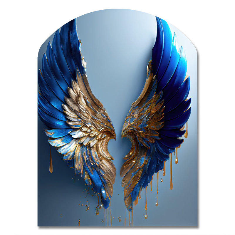 «Blue and Gold Angel Wings V - Asymmetric Wings Angel», reproduction de sculpture murale en métal, H 34 po x l 25 po