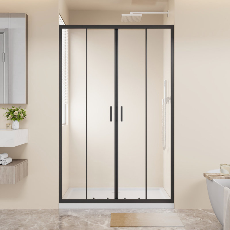 Porte de douche coulissante encadrée 48 po x 72 po, porte de douche double coulissante à ouverture centrale 4 panneaux, verre trempé de 1/4 po (6 mm), cadre en aluminium avec poignées en acier inoxydable et doubles rouleaux lisses, noir