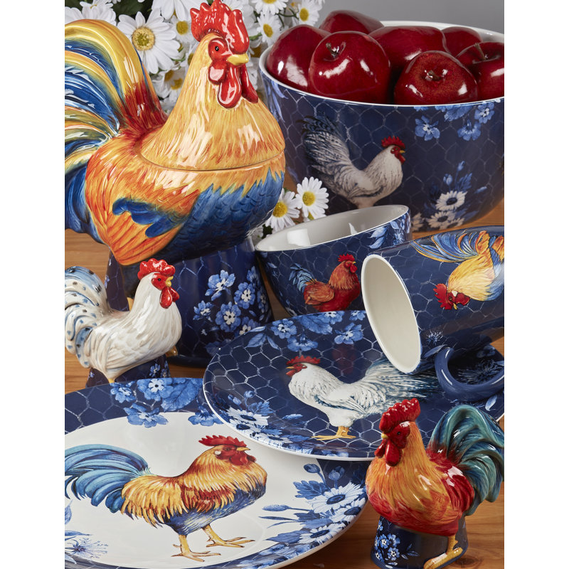 Indigo Rooster Ceramic 16-Piece Dinnerware Set, Service for 4