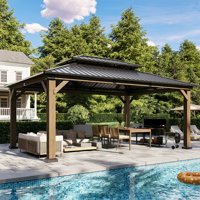 Jolydale 12x16ft. Soild Wood Gazebo, Hardtop Gazebo With Galvanized Steel Double Roof, Suitable For Patios, Lawn And Backyard