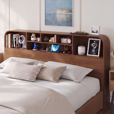 Curved-Edge Bookcase Headboard with Built-In Charging Station & Adjustable LED Lighting, King