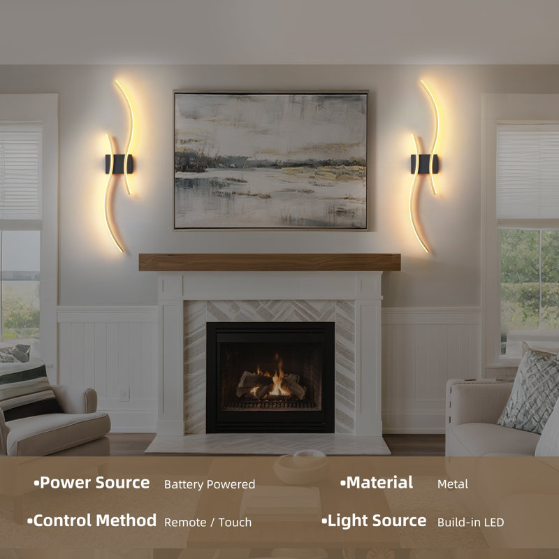 2-Pack Battery Operated Wall Sconces with Remote Control, Non-Hardwired LED Flush Mounted Sconces, Black and Gold, 23.6 Inch