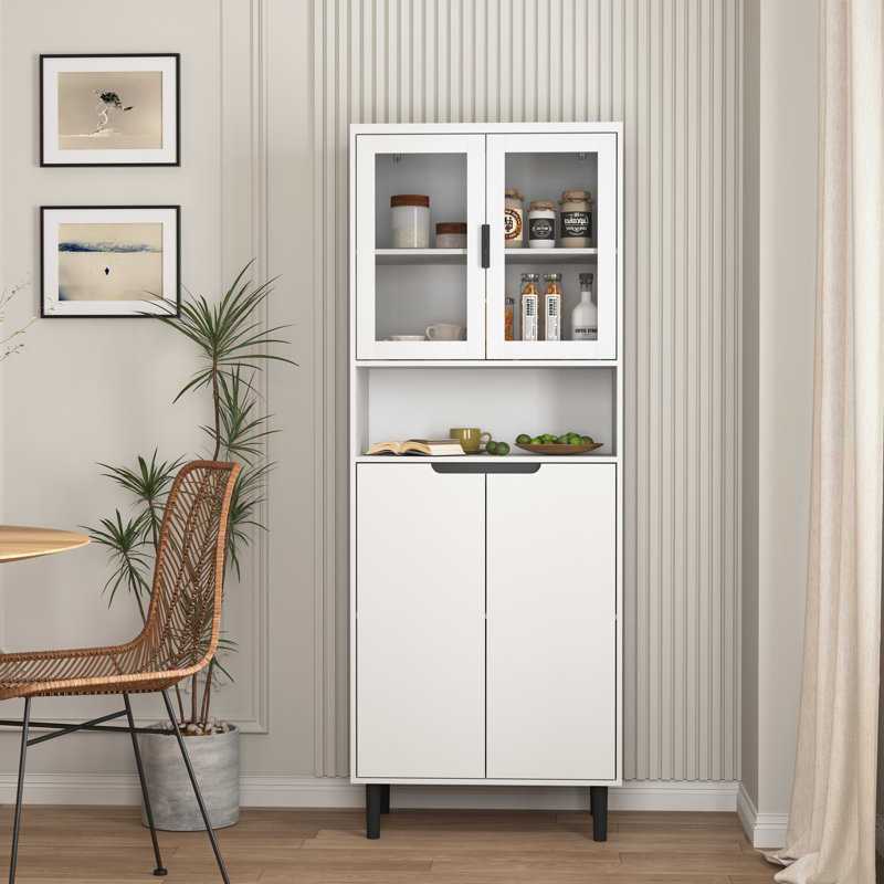 Grand bahut de 63 po avec 2 portes vitrées et 2 portes, Blanc / Blanc