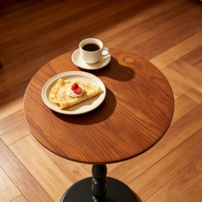 Table d'appoint ronde de 60 cm de hauteur, plateau en placage de bois massif et piètement noir