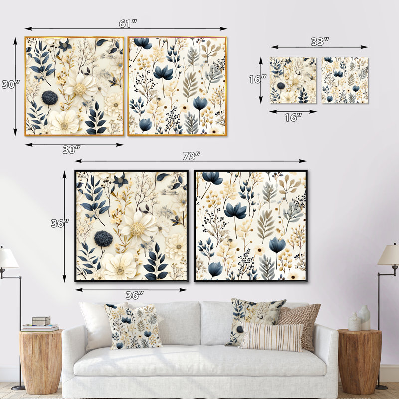 Botanical Sketches - Ensemble de collage floral et botanique carré de 2, H 36 po x l 73 po, Cadre flottant noir
