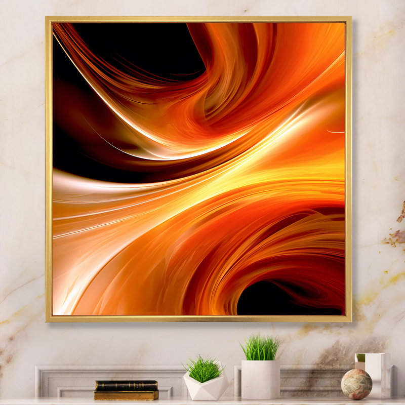 Motif abstrait orange fractal chaleureux IV, Cadre flottant doré, H 32 po x l 24 po x P 1 po