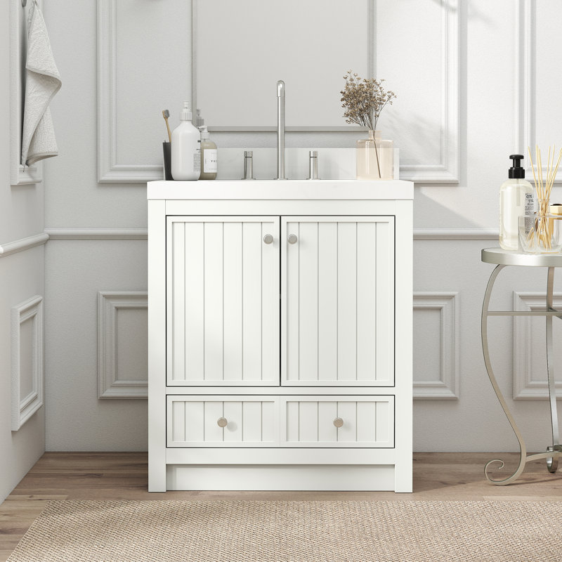 Meuble-lavabo simple 30 po avec 2 portes, tiroir et plateau en quartz, Blanc crémeux