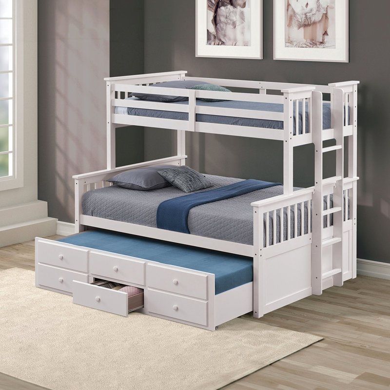 Lit superposé simple au-dessus d'un lit double blanc transitionnel, tiroirs de rangement latéraux et 3 sous le lit, conception en bois d'ingénierie massif, solution de joint, lit gigogne pour l'espace de la chambre à coucher, lit facile à assembler avec surface