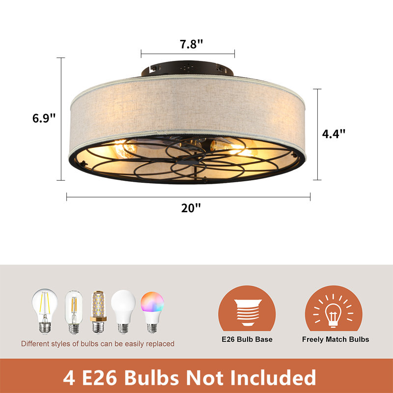 Élégant Riendeau sans pales avec lumières - Design bohémien rétro avec lumières, ventilateur de plafond en cage de 20 po avec ventilateur à pales en tissu léger à profil bas avec télécommande, ventilateurs de plafond fermés modernes avec moteur réversible pour la chambre à coucher