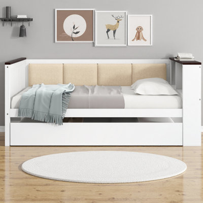 Wood Daybed with Trundle and Storage Shelves, Upholstered Backrest with USB Charging Station, White Solid Pine Frame for Bedroom, Guest Room or Office, No Box Spring Needed