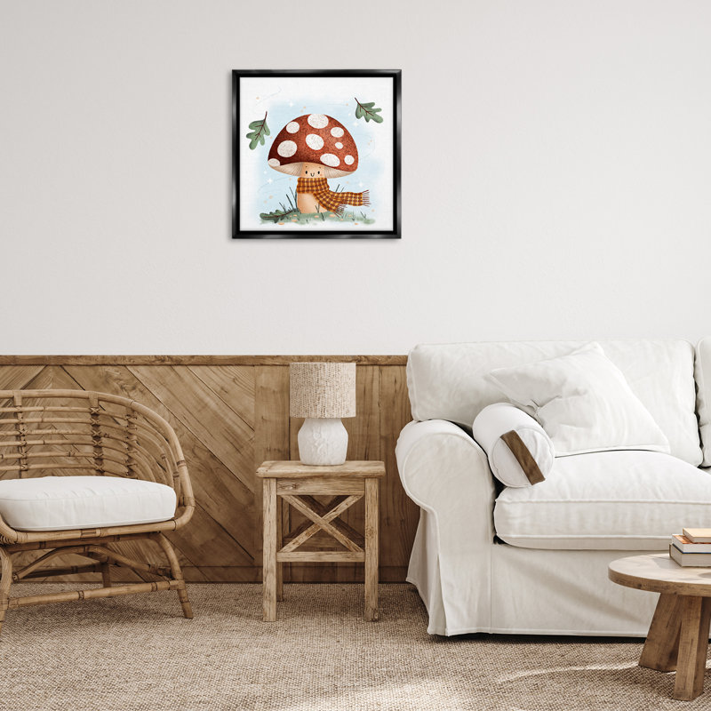 Champignon heureux dans un cadre flottant écharpe, design par Sarah Hickman, H 25 po x l 25 po, Cadre flottant noir de jais