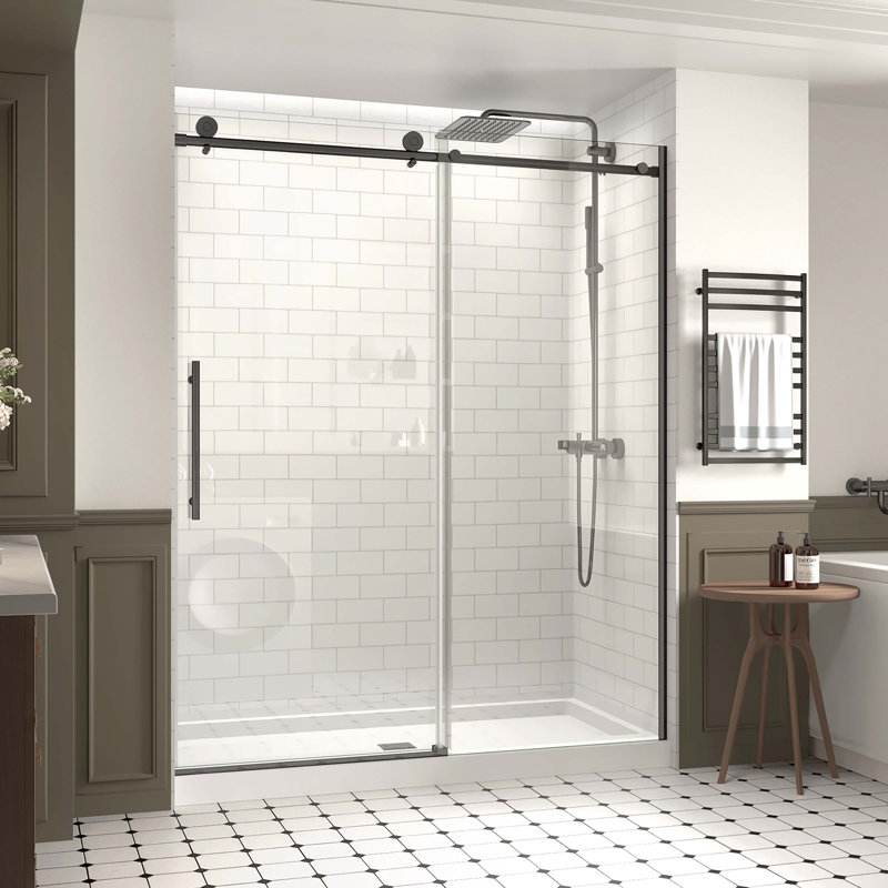 Porte de douche coulissante simple sans cadre l 60 po x H 74 po avec verre trempé transparent de 5/16 po (8 mm)