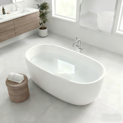 CASAINC Modern 47" Freestanding Solid Surface Resin Stone Bathtub with Pop-up Drain and Overflow for Small Bathroom, Matte White