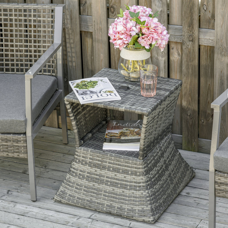 Table de bout d'extérieur avec trou pour parasol, table de bout en osier de rotin, Gris