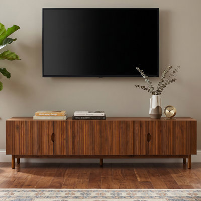 87- Inch TV Stand for TVs up to 90 inches｜ Media Console with 4 Cabinets｜Solid Wood Legs｜Premium Soft Close Hinges｜Vertical Groove Panel ｜ for Living Room