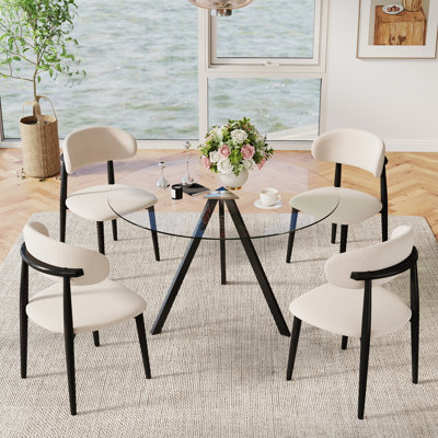38.9in/47in Round Glass Dining Table Set with 4/6 Cotton-Linen Chairs, Scratch-Resistant Glass Top & Rubber Wood Chair Legs for Dining/Living Room
