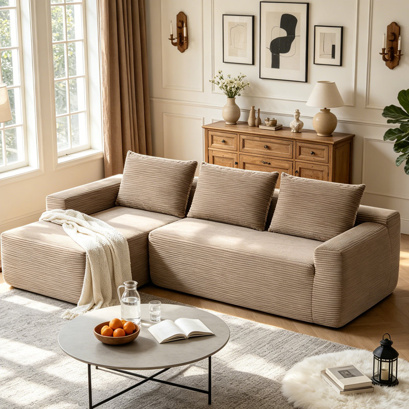Boneless Corduroy L-Shape Modular Sectional Couch with Chaise - Soft Upholstered, Roomy Deep Seat, No Assembly Required, Timeless Stylish Furniture for Living Room Bedroom Apartment Home Office