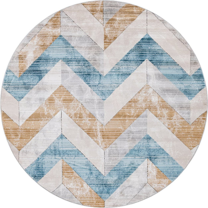  Tapis à chevrons beige / bleu, Rond 7 pi 1 po