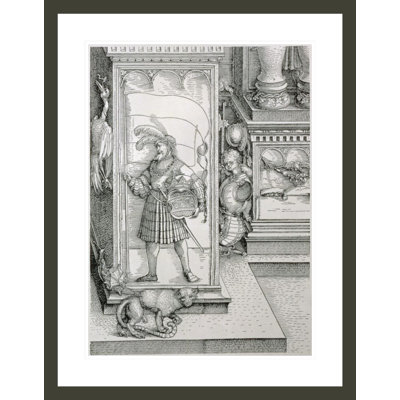 L'arche de triomphe de l'empereur Maximilien Ier d'Allemande (1459-1519): détail de la base de la colonne du portail portant le relief sculpté d'une silhouette masculine portant un blason couronné et standard par Albrecht Dürer