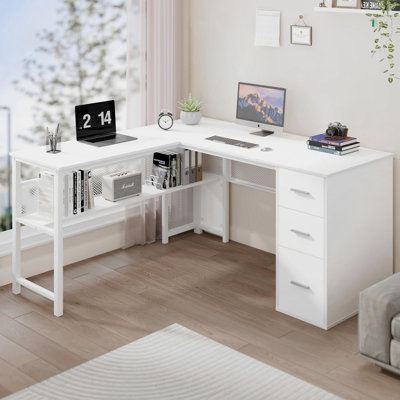 Top True White Oak Wood L-Shaped Corner Desk with Drawers for Home Office, 59.1"L x 55.1"W x 30.0"H