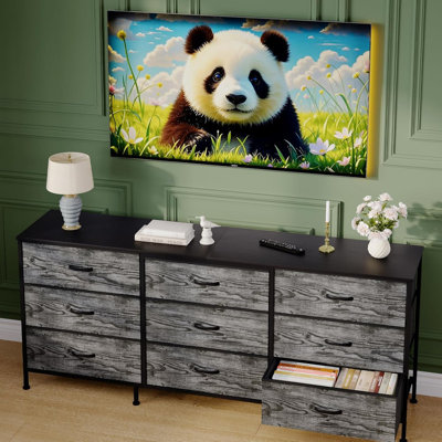 Meuble télé 63 po avec 9 tiroirs en tissu, grande commode de rangement pour la chambre à coucher et téléviseur de 70 po