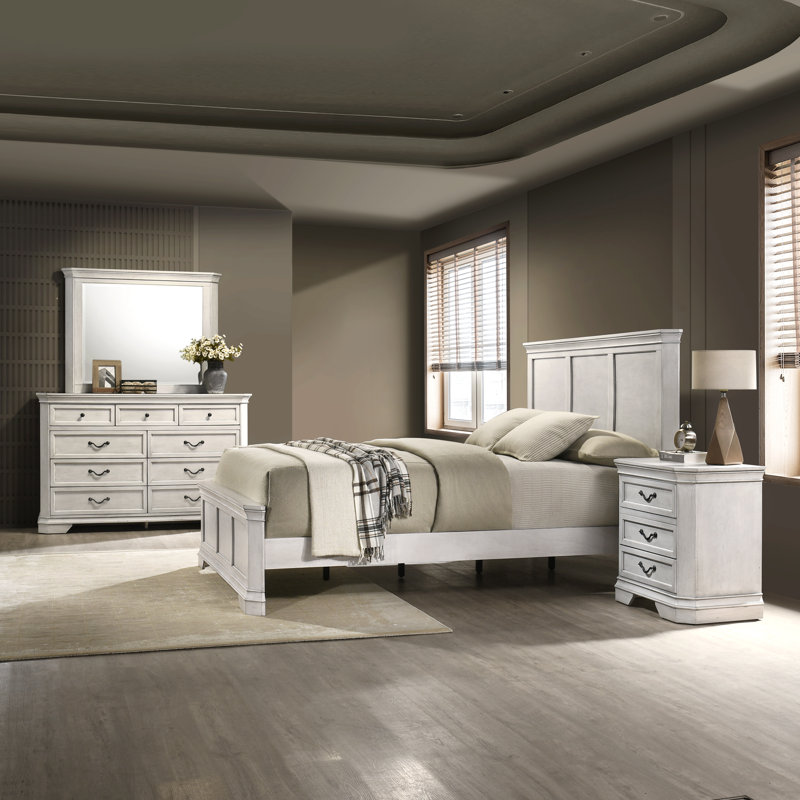 Ailany 6 Piece Bedroom Set, King, Antique White, 6 Pcs: Bed, 2 Nightstands, Dresser, Mirror, Chest