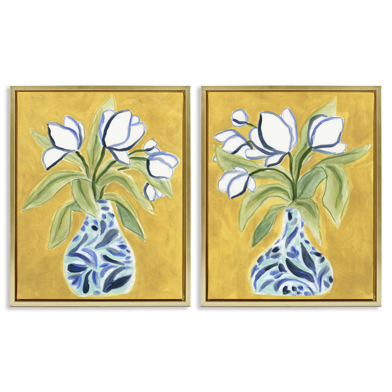 Ensemble de 2 vases de tulipes sur cadre flottant jaune, design par June Erica Vess, H 31 po x l 25 po