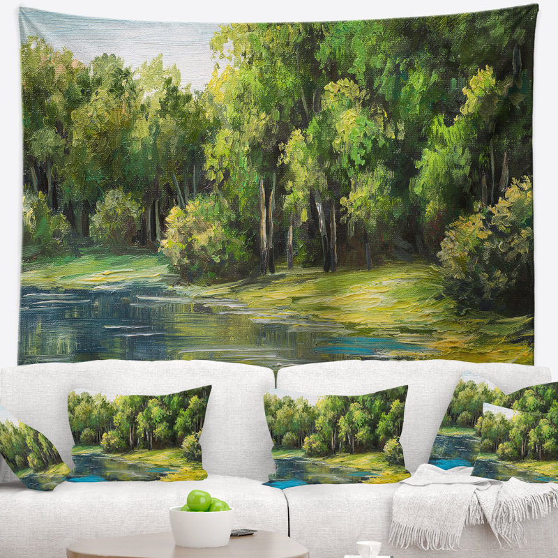 Lac d'été de paysage dans la tapisserie de forêt, H 78 po x l 92 po