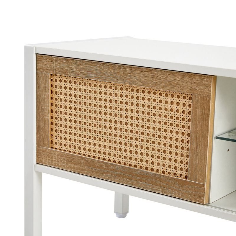 Meuble télé 55,55 po avec surface, bande de couleur, portes coulissantes doubles, tablette réglable, pieds en métal tissés et porte colorée, pieds, blanc