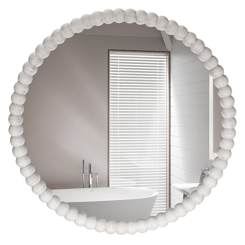 Ayde Round Solid Wood Bead Accent Mirror Home Decoration, White, 28" x 28"