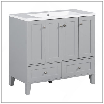 Ensemble de meuble-lavabo moderne 36 po avec lavabo en résine, armoire de rangement en bois massif, ensemble de meuble-lavabo autoportant avec 4 portes à fermeture douce et 2 tiroirs