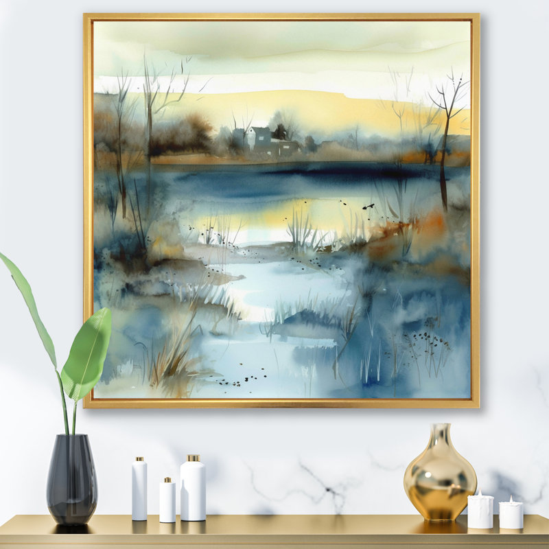Summer Lake Landscape Illustration I, reproduction d'art sur toile, Cadre flottant doré, H 36 po x l 36 po x P 1,5 po