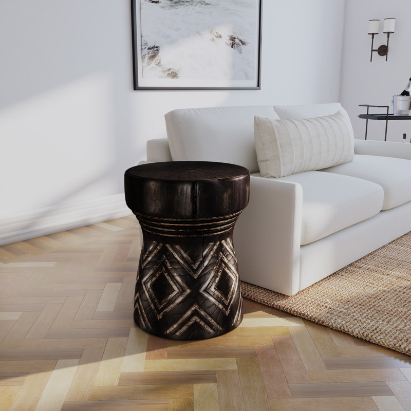 Black Carved Wood and Stone Round End Table